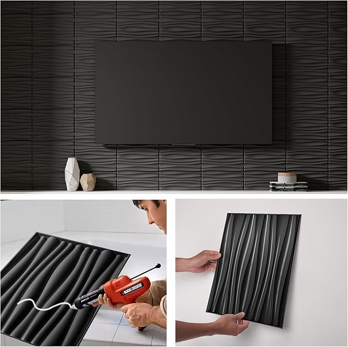Art3d 24-Pack 3D Wall Panels for Interior Home Décor, PVC Wavy Textured Accent Wall Paneling for Living Room Bedroom TV Backdrop Office, 15.7 x 11.8 Inch - Black