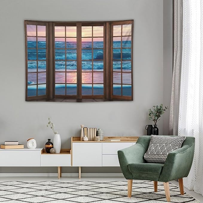 ZhiRain Landscape Tapestry Wall Hanging Beach Sand Ocean Waves Seaside Brown Window View Tapestries Home Decor for Living Room Bedroom Apartment Farmhouse Dorm 30"x40"
