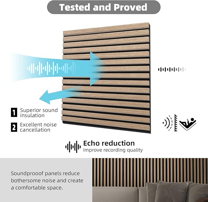 Acoustic Panels,Wood Slat for Wall & Soundproofing Wall Panels，3D Wall Panels High Density Sound Dampening Panels，4 Pack 24"x24" ，Walnut