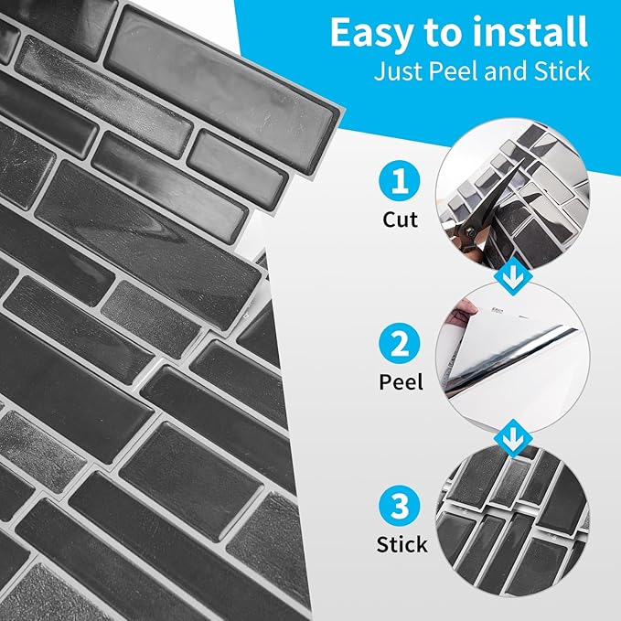 Art3d 10-Sheet Peel and Stick Backsplash Tile, Vinyl Stick On Wall Tile for Kitchen Bathroom Laundry Room, Marble Design 12" x 12" - Smoky Black