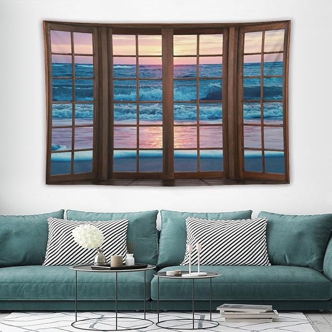 ZhiRain Landscape Tapestry Wall Hanging Beach Sand Ocean Waves Seaside Brown Window View Tapestries Home Decor for Living Room Bedroom Apartment Farmhouse Dorm 60"x90"