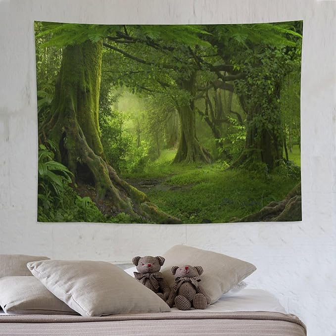 ZhiRain Misty Forest Tapestry Wall Hanging Green Tree in Jungle Forest Nature Scenery Woodland Tapestries Home Decor for Living Room Bedroom Farmhouse Apartment Dorm 60"x80"