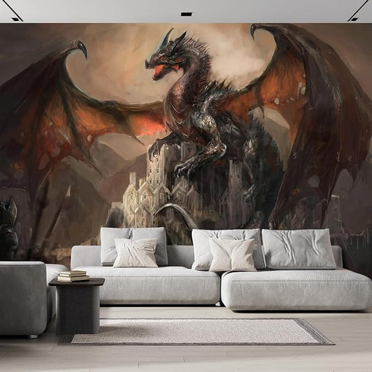 wall26 - War with The Dragon on Castle - Removable Wall Mural Self-Adhesive Large Wallpaper - 120x192 inches
