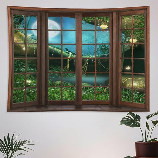 ZhiRain Fantasy Landscape Tapestry Wall Hanging Wooden Window Enchanted Forest Green Jungle Magic Full Moon Plant Night Scene Tapestries Home Decor for Living Room Bedroom Apartment Farmhouse 60"x60"