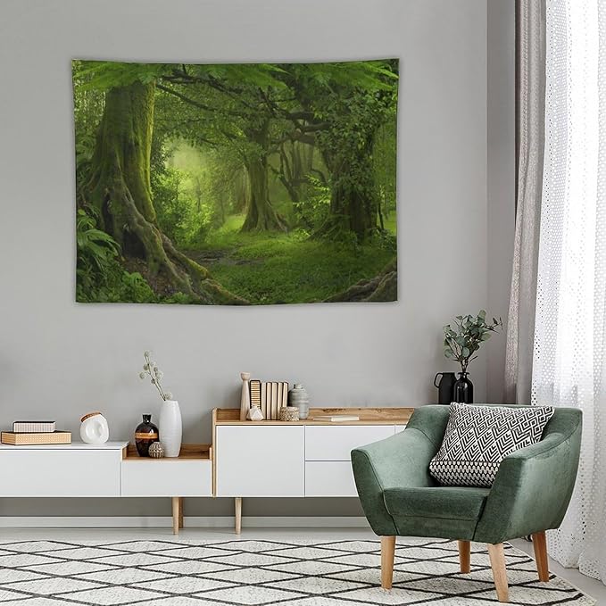 ZhiRain Misty Forest Tapestry Wall Hanging Green Tree in Jungle Forest Nature Scenery Woodland Backdrop Tapestries Home Decor for Living Room Bedroom Farmhouse Apartment Dorm 30"x40"