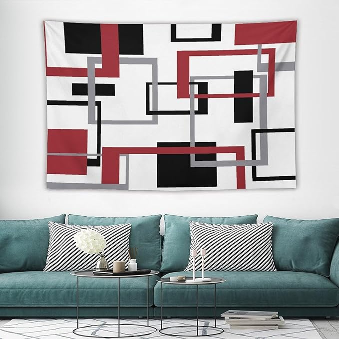 ZhiRain Red Tapestry Wall Hanging Mid Century Modern Geometric Abstract Red Black Grey Square White Backdrop Tapestries Home Decor for Living Room Bedroom Apartment Farmhouse Dorm 60"x90"