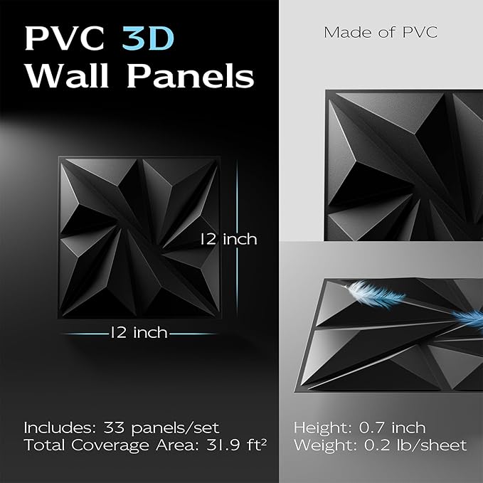 33-Pack 3D Wall Panels, 129" x 35" Textured Geometric Design Wall Tiles, PVC Decorative Wall Panels for Living Room, Bedroom, Bathroom, Office, Modern Wall Decor, Easy Install & Paintable- Black