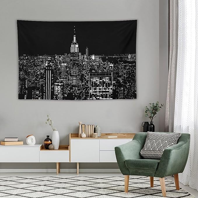 ZhiRain New York Tapestry Wall Hanging Black White Modern Night City Light Tapestries Home Decor for Living Room Bedroom Apartment Farmhouse Dorm 60"x90"