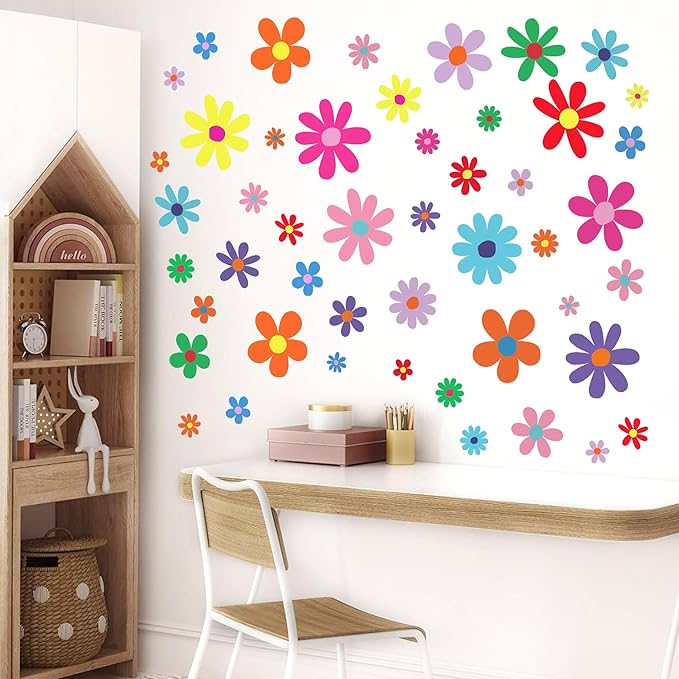 12 Sheets Daisy Wall Decals Boho Flower Wall Stickers Cute Kids Girls Room Decor Peel and Stick Floral Decals Toddler Nursery Playroom Living Room Bedroom Classroom Retro Hippie Decor Bright Style