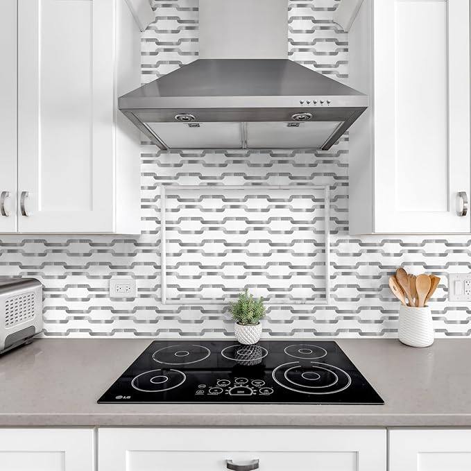 Yipscazo Peel and Stick backsplash 3 x 6 Inches 3D PVC Composite Wall Tile Stick on Backsplash Tile for Kitchen Bathroom, Laundry Room, Fireplace(White with Silver Metal, 100 Pieces)