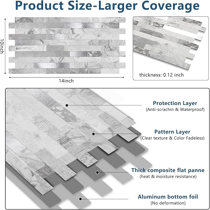 Yipscazo 40 Sheets Peel and Stick Stone Metal Backsplash, PVC Wall Tiles Stick on Tiles for Backsplash Kitchen, Bathroom, Fireplace (6'' X 12'', Gray Stone)