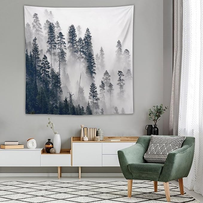 ZhiRain Misty Forest Landscape Tapestry Wall Hanging Wooden Window Forest Mountain Rustic Tapestries Home Decor for Living Room Bedroom Apartment Farmhouse Dorm 60"x60"