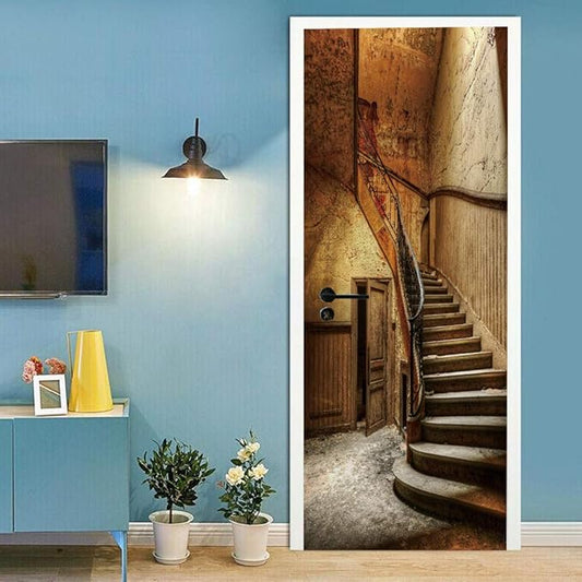 3D Door Wallpaper Self-Adhesive Sticker - Old Stairs Film Poster Premium PVC Waterproof Wall for Bedroom Living Room Decoration 95 x 200 cm