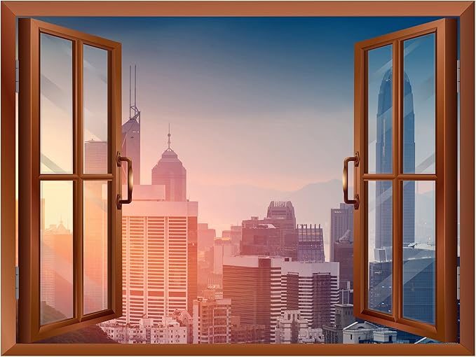 wall26 Cityscape Skyline in The Morning View from Inside a Window Removable Wall Sticker/Wall Mural - 24"x32"