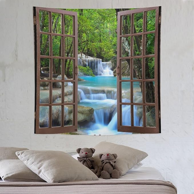 ZhiRain Waterfall Tree Landscape Tapestry Wall Hanging Natural Scenery Forest Garden Spring Stone River Tapestries Home Decor for Living Room Bedroom Apartment Farmhouse Dorm 60"x60"