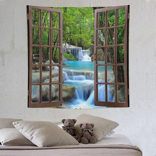 ZhiRain Waterfall Tree Landscape Tapestry Wall Hanging Natural Scenery Forest Garden Spring Stone River Tapestries Home Decor for Living Room Bedroom Apartment Farmhouse Dorm 60"x60"