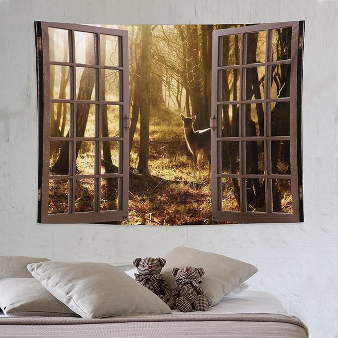 ZhiRain Forest Tapestry Wall Hanging Natural Forest And Deer at Sunset Pattern Tapestries Home Decor for Living Room Bedroom Apartment Farmhouse Dorm 60"x80"