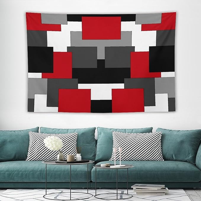 ZhiRain Red And Black Tapestry Wall Hanging Gray White Geometric Silver Dark Abstract Square Art Tapestries Home Decor for Living Room Bedroom Apartment Farmhouse Dorm 60"x90"