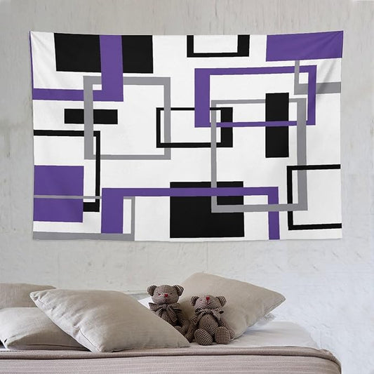 ZhiRain Purple Tapestry Wall Hanging Mid Century Modern Geometric Abstract Lavender Black Grey Square White Backdrop Tapestries Home Decor for Living Room Bedroom Apartment Farmhouse 60"x90"
