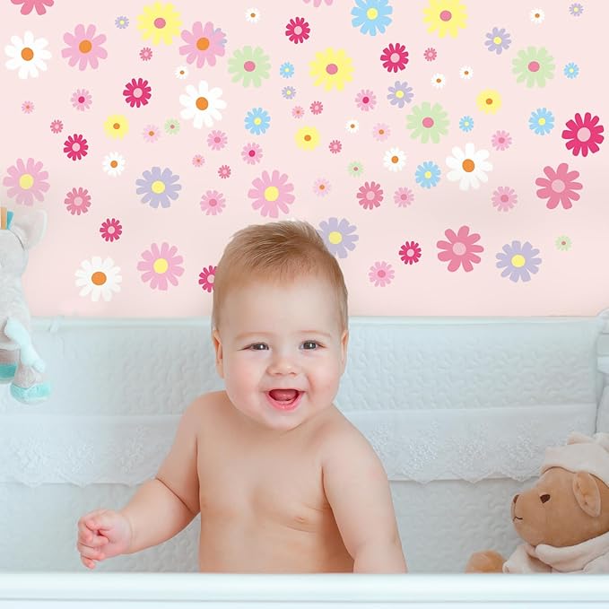 12Sheet Daisy Wall Decals, 180Pcs Cute Flower Wall Decals, Flower Vinyl Walls Decal, Peel and Stick Floral Walls Decal, Bedroom Decor for Girls Bedroom, Nursery, Classroom, Nursery