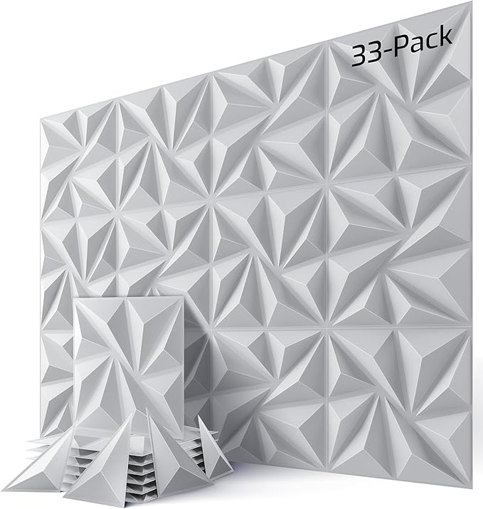 33-Pack 3D Wall Panels, 129" x 35" Textured Geometric Design Wall Tiles, PVC Decorative Wall Panels for Living Room, Bedroom, Bathroom, Office, Modern Wall Decor, Easy Install & Paintable - White