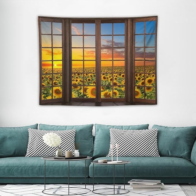 ZhiRain Sunflowers Landscape Tapestry Wall Hanging Through The Window Fields Sunset Scenery Tapestries Home Decor for Living Room Bedroom Apartment Farmhouse Dorm 30"x40"