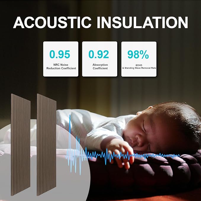 Yuzzy Acoustic Wood Slat Wall Panels - 48" x 22" Dark Walnut Fluted Sound Absorbing Panel for Wall and Ceiling - 4 Pcs Wall Panels for Interior Wall Decor for Homes, Offices, Studios