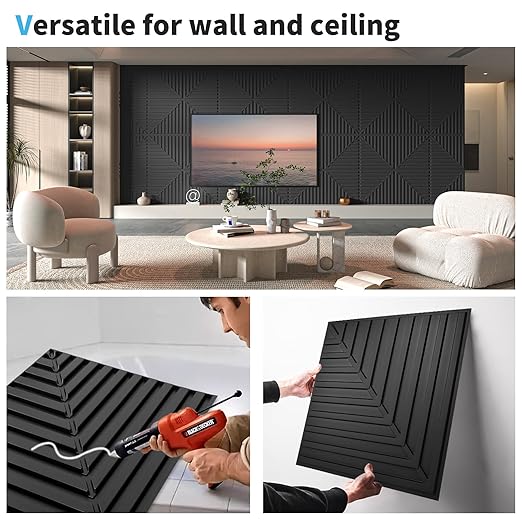 Art3d 12-Pack Drop Ceiling Tiles 2x2 FT, PVC 3D Textured Panels for Interior Wall Decor Living Room Bedroom Office, 24x24 Inch, Black
