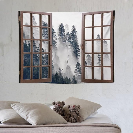 ZhiRain Misty Forest Landscape Tapestry Wall Hanging Wooden Window Forest Mountain Tree Scenery Tapestries Home Decor for Living Room Bedroom Apartment Farmhouse Dorm 30"x40"