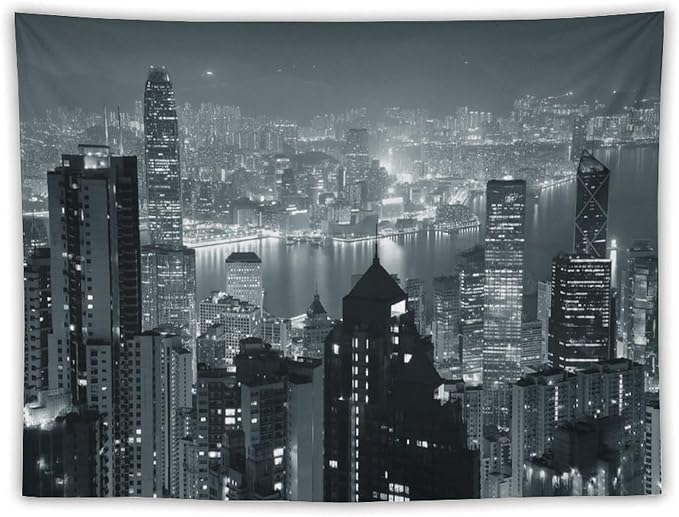 ZhiRain City Tapestry Wall Hanging Aerial Night View Hong Kong Skyline Modern Famous Urban Town Tapestries Home Decor for Living Room Bedroom Apartment Farmhouse Dorm 60"x80"
