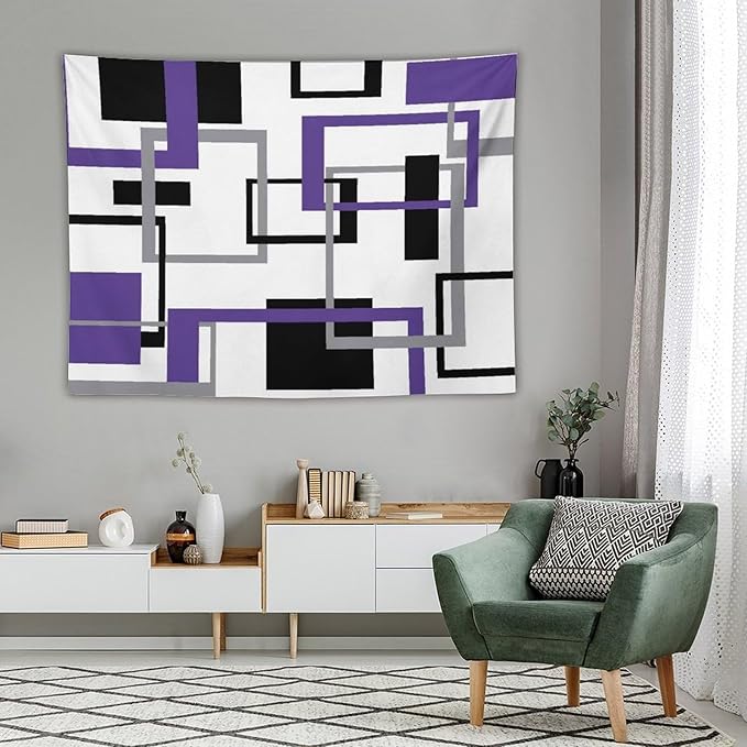 ZhiRain Purple Tapestry Wall Hanging Mid Century Modern Geometric Abstract Lavender Black Grey Square White Backdrop Tapestries Home Decor for Living Room Bedroom Apartment Farmhouse 60"x80"