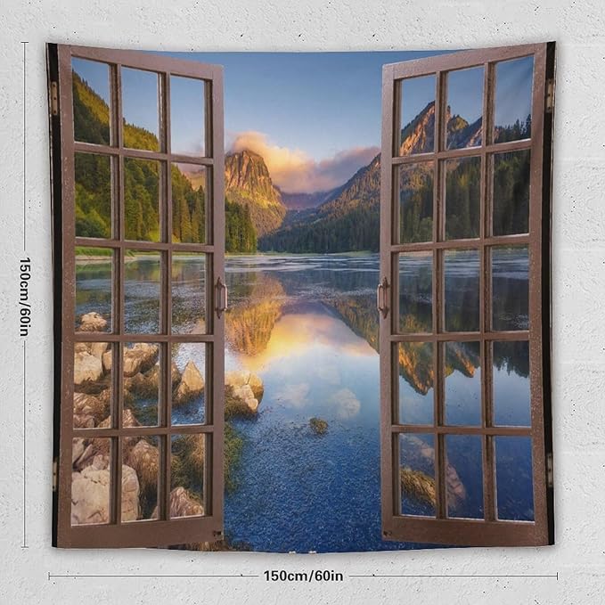 ZhiRain Mountain Scenery Tapestry Wall Hanging Wooden Window View Beautiful Lake Landscape Tapestries Home Decor for Living Room Bedroom Apartment Farmhouse Dorm 60"x60"