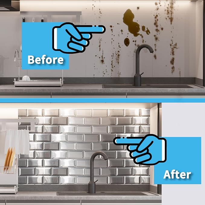 Art3d 100 Pcs Peel and Stick Backsplash Tiles, 3D Textured Metal Stick On Subway Wall Tiles for Kitchen Back Splashes, Bathroom, Laundry Room, 3 x 6 Inch, Stainless