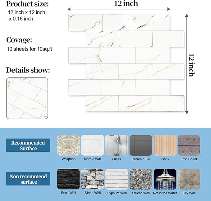 10-Pack Peel and Stick Tile Backsplash 12"X12" PVC Wall Tiles, Stick on Backsplash for Kitchen, Bathroom Tile, Fireplace Décor, Laundry Table, Stair Decals in Polished Carat Gold