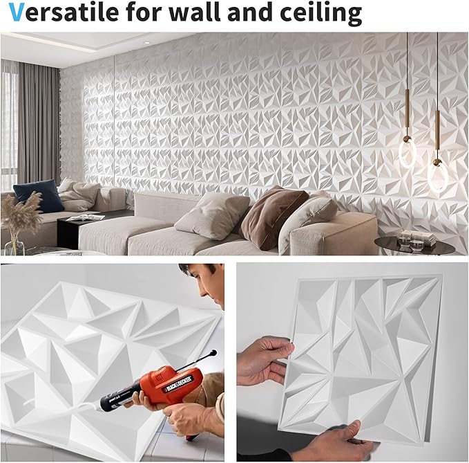 Art3d 33-Pack 3D Wall Panels for Interior Wall Decor, Modern Diamond Textured Accent Wall Paneling for Gaming Living Room TV Wall Background, 12 x 12 inch White, A10342