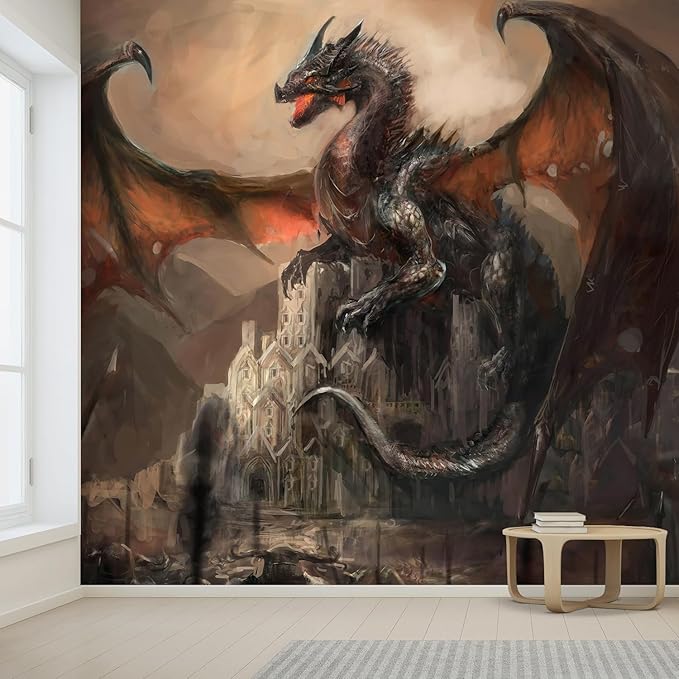 wall26 - War with The Dragon on Castle - Removable Wall Mural Self-Adhesive Large Wallpaper - 132x120 inches
