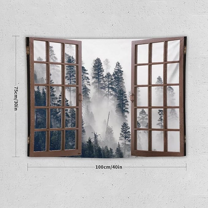ZhiRain Misty Forest Landscape Tapestry Wall Hanging Wooden Window Forest Mountain Tree Scenery Tapestries Home Decor for Living Room Bedroom Apartment Farmhouse Dorm 30"x40"