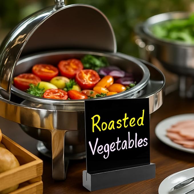 10 Pack Food Labels for Party Buffet with Wooden Stands, Acrylic Mini Chalkboard Signs, 3.9x3.9 inch Blank Black Acrylic Table Signs for Outdoor Wedding Table Numbers, Reserved, Cafe, Menu (Black)