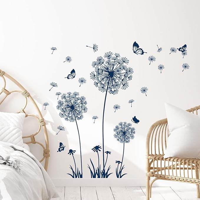2 Sheets Dandelion Wildflower Wall Decals Art, Calcomanías para Pared Peel and Stick Floral Butterflies Flying Decor for Girls Kids Women Baby Nursery Bedroom Bathroom Sofa Backdrop TV Wall (Blue)