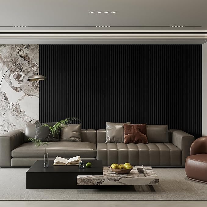 YLL YLL 6-Pack Slat Wall Panel with 2 Trims Wood Grain Slat Wall 96" x 6.2" WPC Slats 3D Wall Panels Black Grille