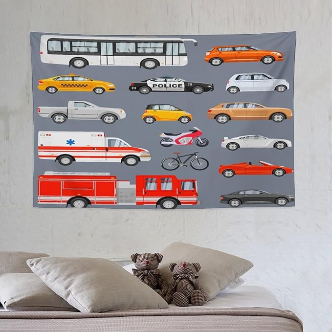 ZhiRain Transportation Tapestry Wall Hanging Various Vehicles Cartoon Cars Bus Police Car, Ambulance Tapestries Home Decor for Living Room Bedroom Apartment Farmhouse Dorm 40"x60"