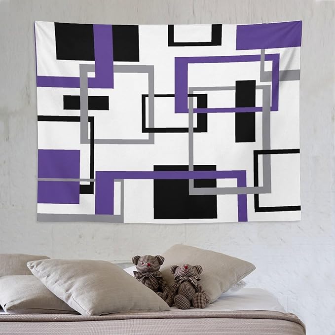 ZhiRain Purple Tapestry Wall Hanging Mid Century Modern Geometric Abstract Lavender Black Grey Square White Backdrop Tapestries Home Decor for Living Room Bedroom Apartment Farmhouse 60"x80"