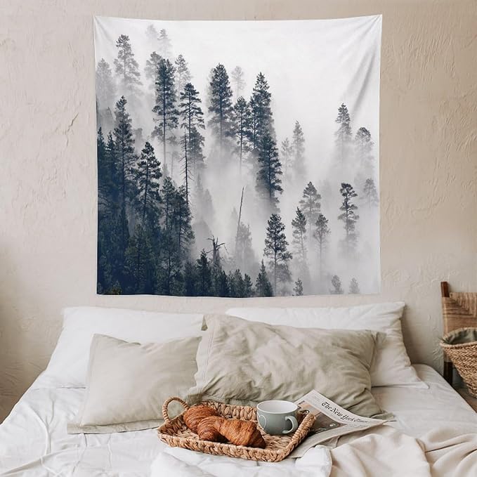 ZhiRain Misty Forest Landscape Tapestry Wall Hanging Wooden Window Forest Mountain Rustic Tapestries Home Decor for Living Room Bedroom Apartment Farmhouse Dorm 60"x60"