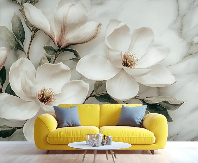 White Magnolia Flower Wall Mural, Vintage Floral Art Mural Wallpaper, Abstract Gray and White Marble Texture Large Wallpaper for Bedroom Living Room Wall Decor 98.4" W x 68.9" H