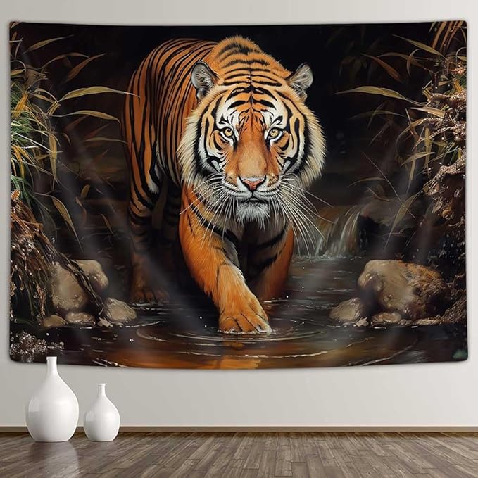 Yidian Tiger Wall Art, Jungle King Tapestry, Stream Side Majestic Tiger Art Aesthetics for Home College Dorm Living Room, Panels 90 x 70IN