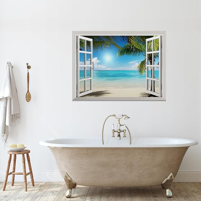 wall26 White Sand Beach with Palm Tree Open Window Wall Mural Removable Sticker Home Decor - 24x32 inches