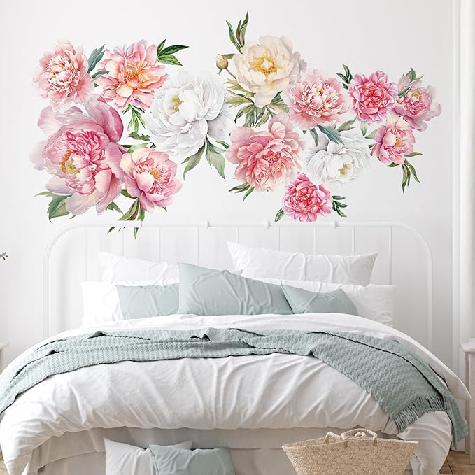 Zonon 6 Pcs Flowers Wall Decals Stickers Vinyl Removable Peel and Stick Colorful Dragonflies Floral Wall Murals Decor for Bedroom Living Room Nursery(Colorful Peony)