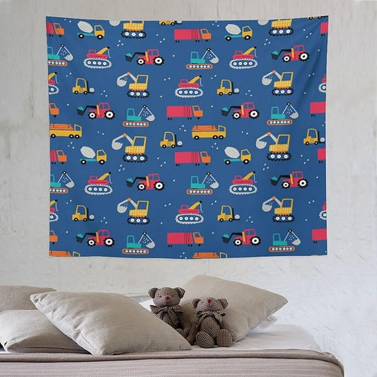 ZhiRain Cartoon Cars Print Tapestry Wall Hanging for Kids Room Cartoon Shovel And Trucks Blue Tapestries Home Decor for Living Room Bedroom Apartment Farmhouse Dorm 50"x60"