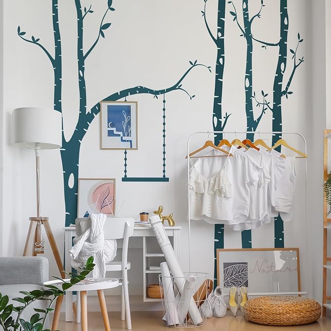 Yeysynana Large Tree Wall Decals Huge Size Birch Tree Forest Wall Art Peel and Stick DIY Wall Stickers for Nursery Kids Bedroom Living Room Wall Decor (Dark Green)