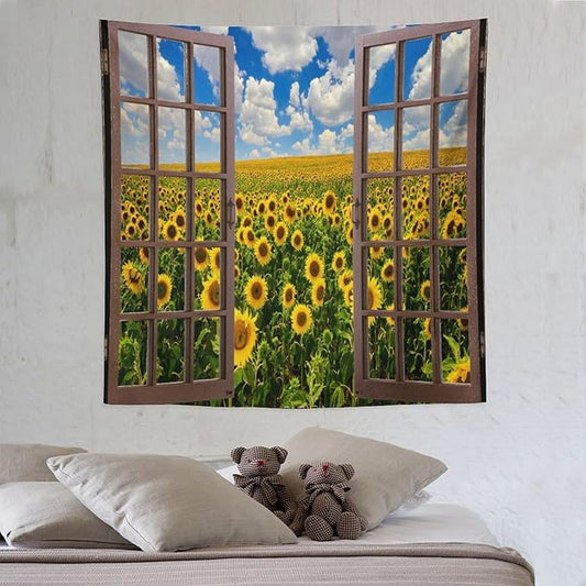 ZhiRain Sunflowers Scenery Tapestry Wall Hanging Fields Blue Sky White Clouds Landscape Tapestries Home Decor for Living Room Bedroom Farmhouse Apartment Dorm 60"x60"